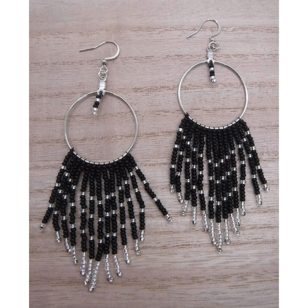Earrings Beaded Black & Iridescent Silver
